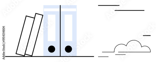 Office organization, administrative work, document storage, education, workspace setup, minimalism. Books and binders on a desk with a cloud. Office organization and administrative work concept