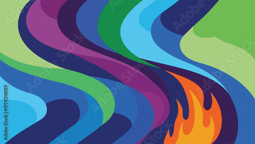 Abstract artwork featuring swirling, colorful bands with a fiery element