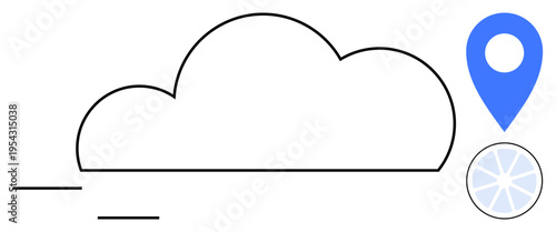 Cloud storage, geolocation, data synchronization, technology, file sharing, modern networks. Outline of a cloud and a geolocation pin with a connection symbol. Cloud storage and geolocation concept