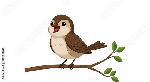 Brown bird perched on branch with green leaves singing sweet melody outdoors