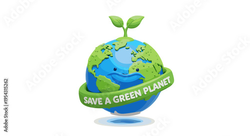 Stylized earth globe with green leaves sprouting from top banner reads save