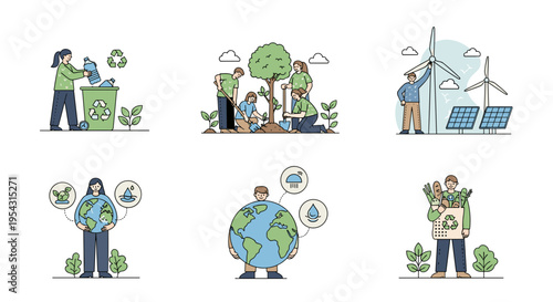 Diverse eco friendly lifestyle concepts illustrated with people caring for nature