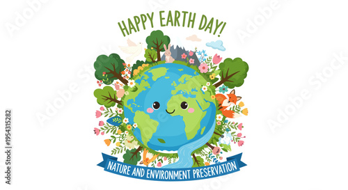 Happy earth day celebration with cute planet character surrounded by lush green