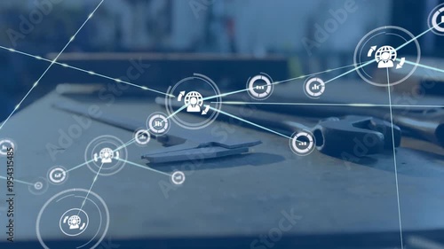 Vertical video: HUD pulsing, initiating expanding network overlaying workbench tools for analytics