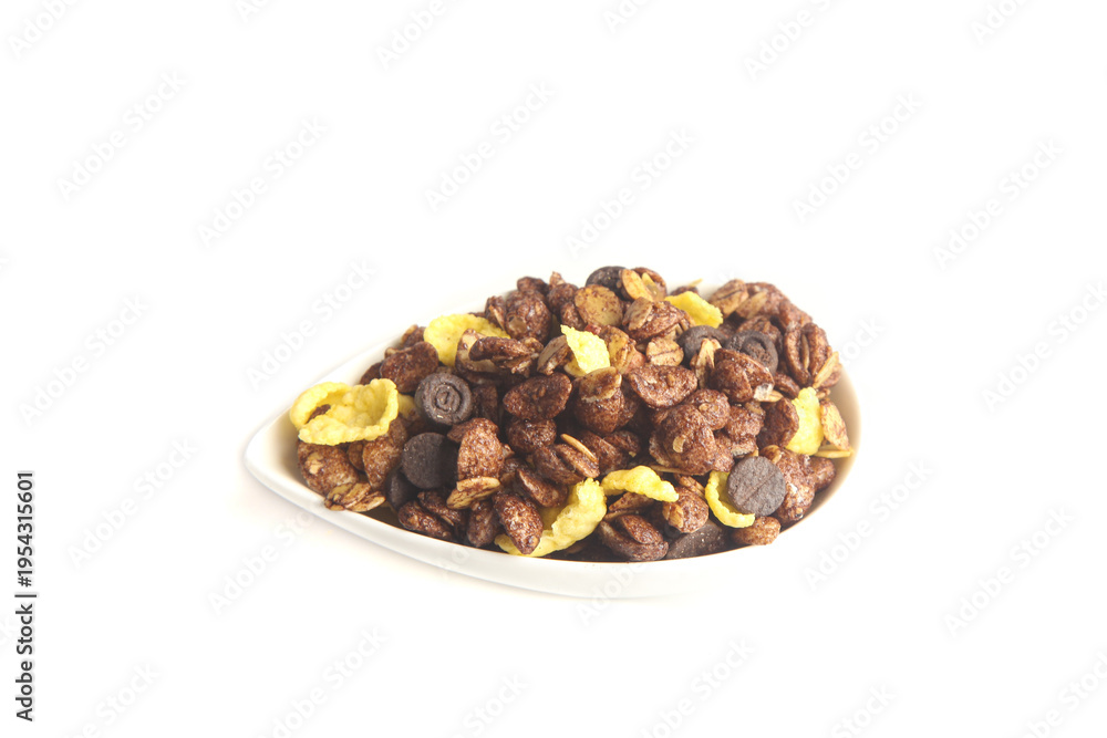 Obraz premium Chocolate Cereal Mix with Corn Flakes in White Bowl Studio Shot on White Background