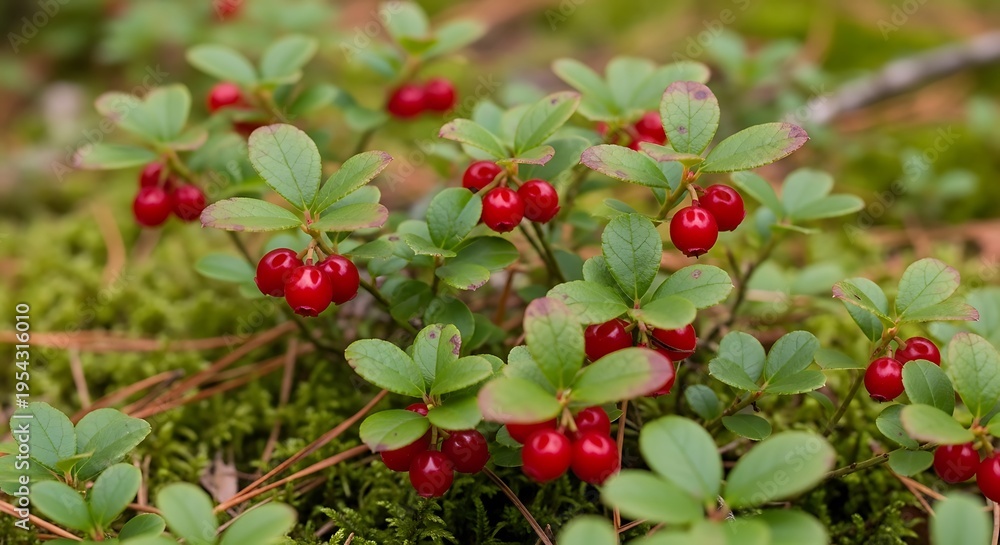 Obraz premium A close up view of several ripe red lingonberry fruits growing on a small bush in the forest floor. american bearberry