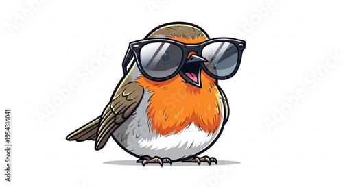 Cartoon robin wearing sunglasses stands on white background