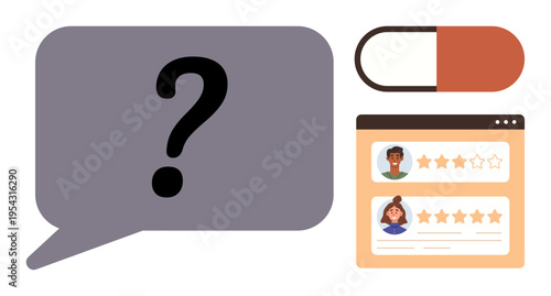 Online health reviews, medical services, patient feedback, telemedicine, medication evaluations, digital healthcare. Speech bubble with question mark, capsule user ratings. Online health reviews
