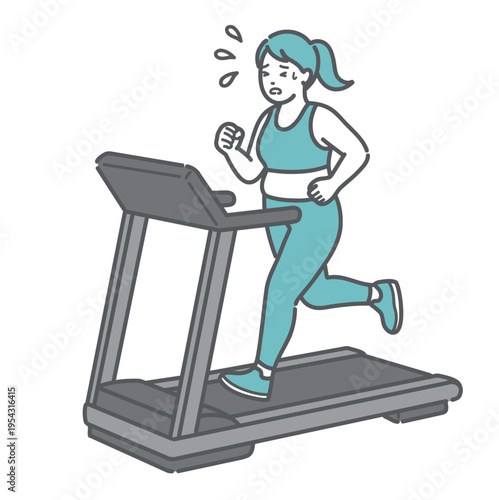 トレッドミルで汗をかいて一生懸命走るぽっちゃり女性のイラスト