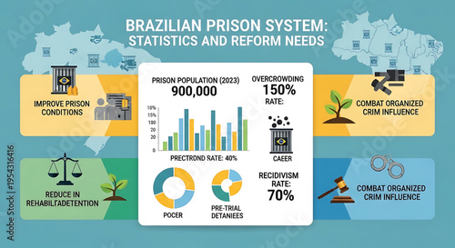 A vector graphic illustrating the Brazilian prison system with statistics and reform needs