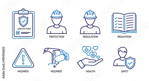 Checklist of Safety, Health, Regulation, and Protection Icons for Risk Management and Compliance.