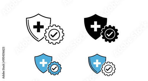 Set of medical shield icons with gear and checkmark symbols in multiple colors and styles.