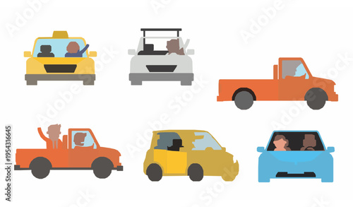 Cartoon travelers driving cars vector set with taxi pickup convertible and SUV in side and front view flat design
