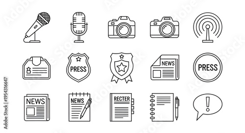 Modern Media Web Icons - Linear Style Magazine, News, and Journalism Set