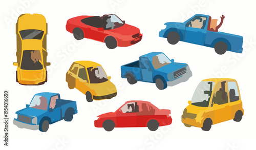 Modern flat cars with happy drivers vector collection taxi convertible pickup and family vehicles isolated set