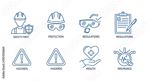 Set of safety and hazard icons featuring PPE, warning signs, health, and risk symbols in flat line style.