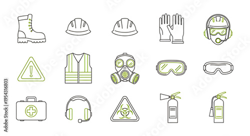 Collection of Personal Protective Equipment Icons for Safety and Workplace Hazard Awareness.
