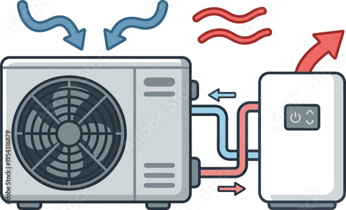 Flat vector illustration of an HVAC air conditioning system showing airflow direction with indoor and outdoor units connected by pipes, highlighting cooling and heating process.