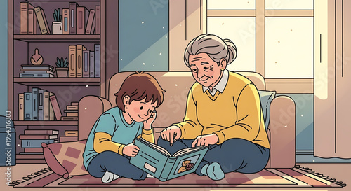 A heartwarming illustration of a senior woman reading a book with a young boy in a cozy living room