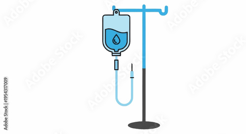 Medical IV drip stand with blue liquid.