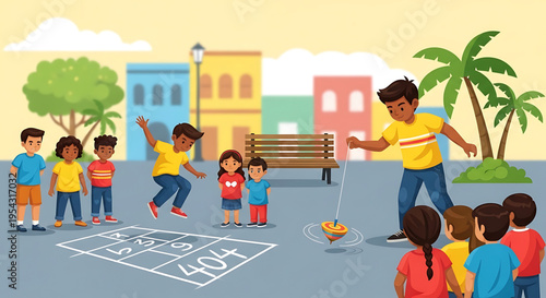 A vibrant illustration of children playing hopscotch and jumping rope in a colorful outdoor setting.