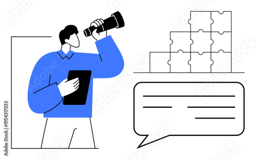 Business vision concept. Individual explores strategy with telescope, puzzles challenges in planning. Business vision improves direction, teamwork, and organization. Suitable for leadership