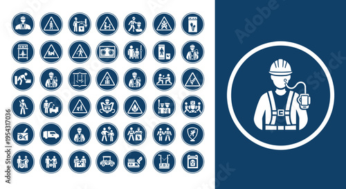 Industrial safety icons collage featuring construction worker and circular hazard symbols.