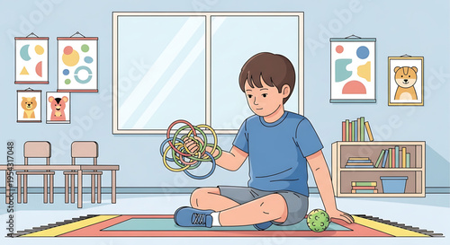 A young boy plays with educational toys in a colorful classroom setting