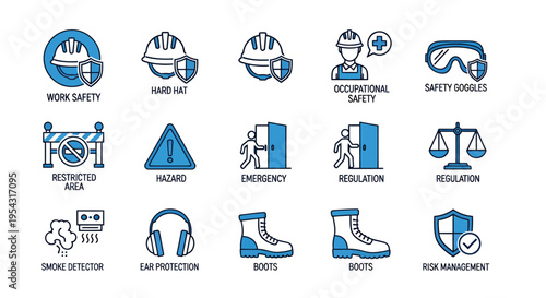 Collection of blue safety icons and signs for workplace compliance and instructional graphics.
