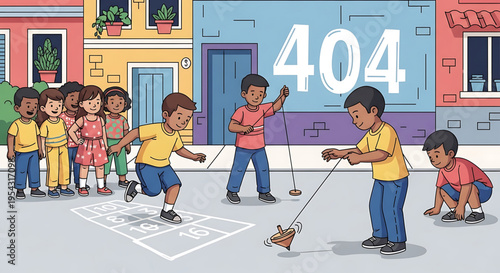 A colorful illustration of children playing hopscotch and skipping rope on a city street with a large 404 error code on a building in the background.
