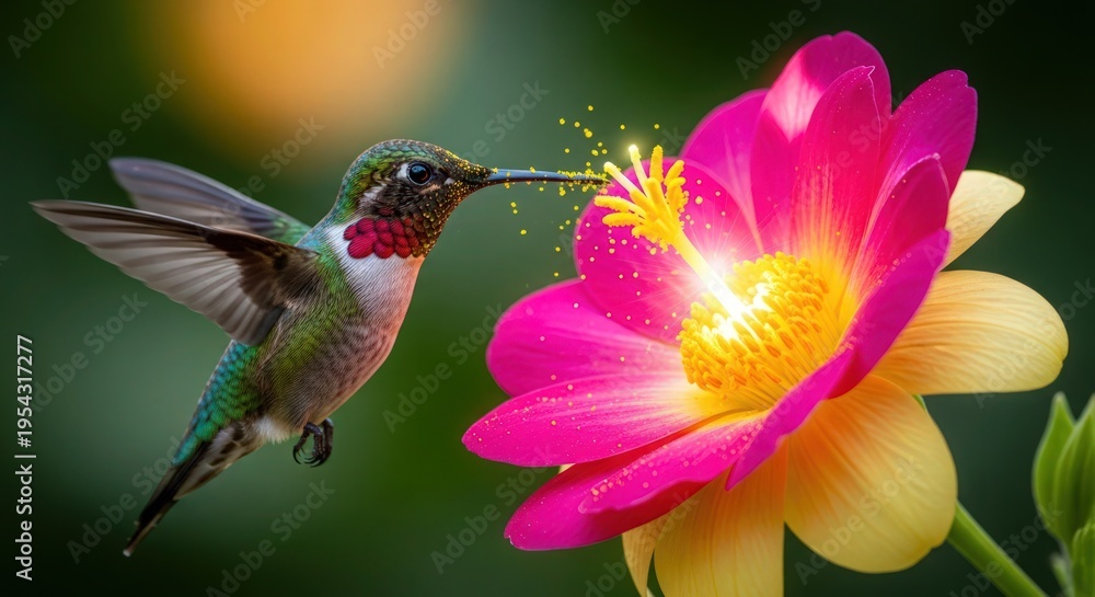 Obraz premium A hummingbird hovers near a vibrant pink and yellow flower in a lush green environment.