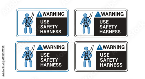Set of blue and white hazard signs instructing workers to use safety harness for fall protection.