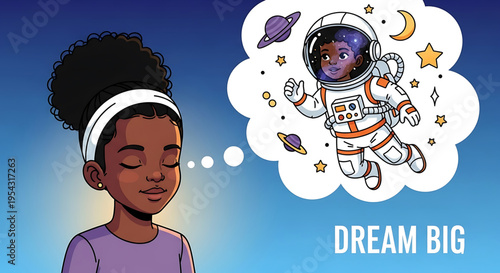 A young girl with a dream of becoming an astronaut floats in her imagination, symbolizing motivation and inspiration for kids and teens to pursue their goals and ambitions in a fun and colorful way.