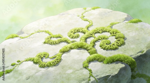 Professional illustration of delicate moss patterns on smooth stone, minimalist layout, diffused nat