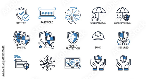 Collection of blue outline icons representing protection, security, and safety concepts.
