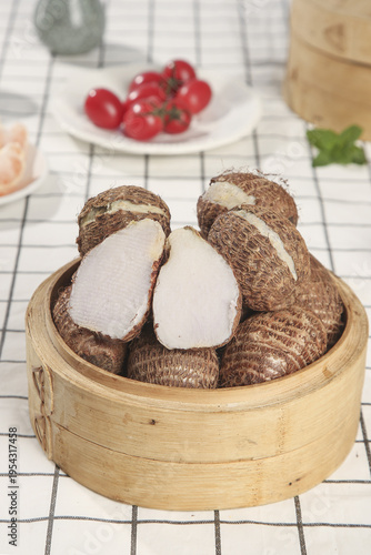 Fresh Taro Root in Bamboo Steamer Basket Still Life Food Photography Studio Shot