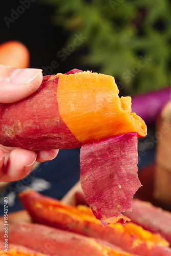 Fresh Sweet Potato Being Peeled Showing Orange Flesh - Healthy Root Vegetable Food Photography