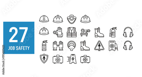 Twenty Seven Job Safety Icons Set Featuring Illustrated PPE and Warning Symbols.