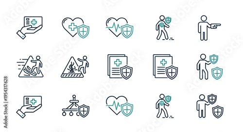 Collection of simple line icons depicting health, wellness, and active lifestyle activities and care.