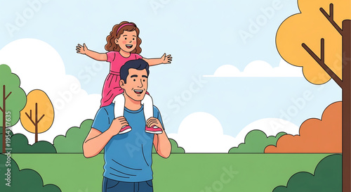 A happy father carrying his little girl on his shoulders in a park on a sunny day