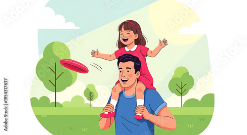 A happy father playing with his little girl in a park on a sunny day