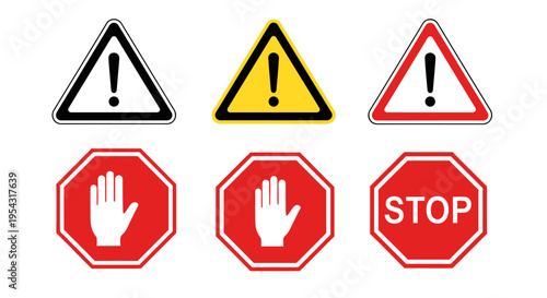 Assorted warning signs and stop symbols icons including exclamation marks and hand-stop graphics for hazard and caution themes.