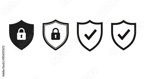 Series of shield icons with locks representing security and privacy in a vector illustration.