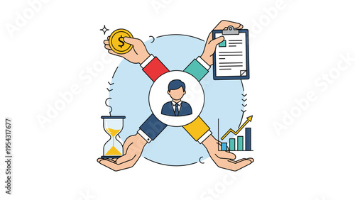 Multitasking businessman concept with hands holding money hourglass clipboard and growth graph for efficient work management.
