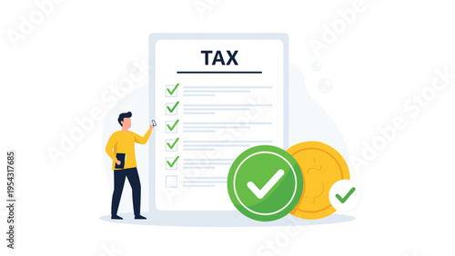 Man checking off items on a large tax form with gold coins and green checkmarks representing successful financial compliance.