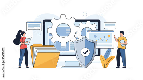 Data security and file management concept with people folder gears and a shield in front of a computer monitor illustration.
