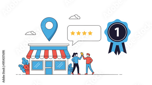 Local business award concept with a shop building location pin four star rating and number one blue ribbon for excellence.