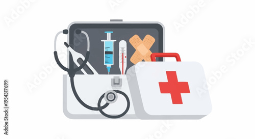 First aid kit with medical supplies.
