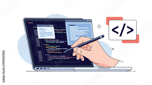 Person writing code on a laptop computer with digital windows showing software development and programming for modern technology systems.