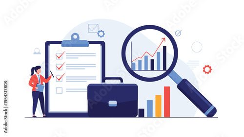 Businesswoman checking off items on a clipboard next to a magnifying glass over charts for quality control and auditing performance.
